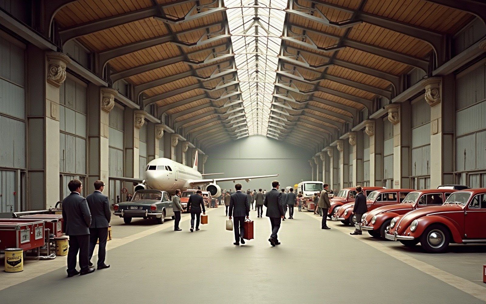 A hall laid out for a show: an airliner at the head of the aisle, cars ranked along one side.