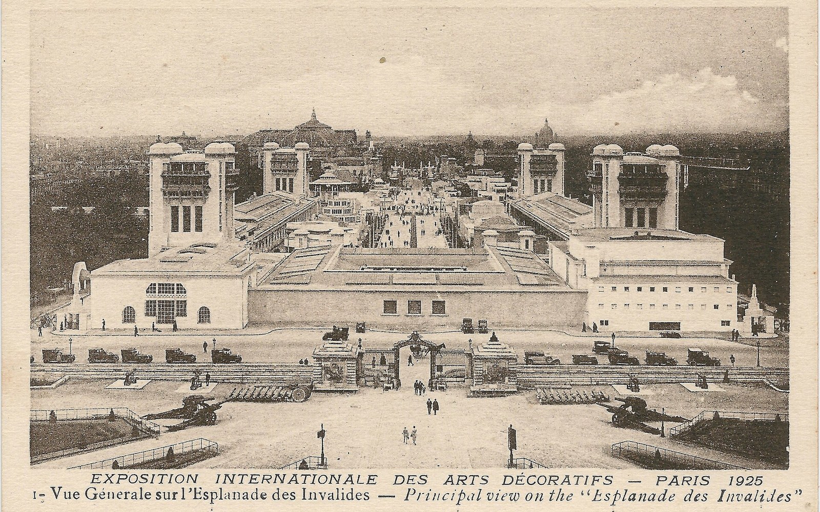 Vintage postcard showing pavilions and towers along the Esplanade des Invalides at the 1925 exposition