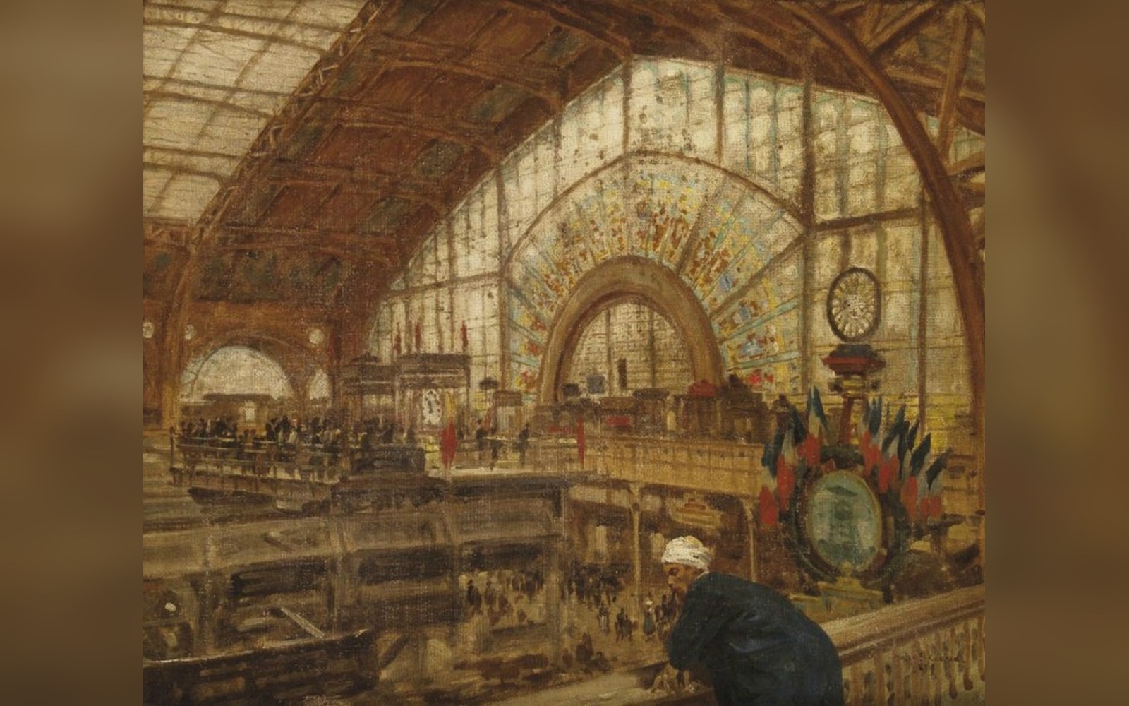 Painting of the Galerie des Machines' vast arched glass roof with crowds and flags below