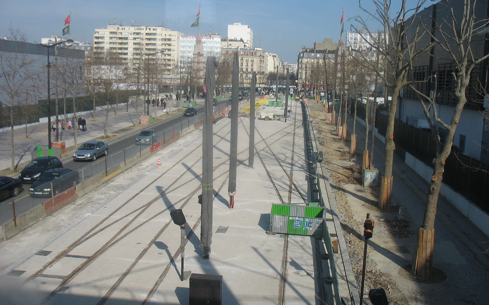 Tram works outside the exhibition ground at the Porte de Versailles.
