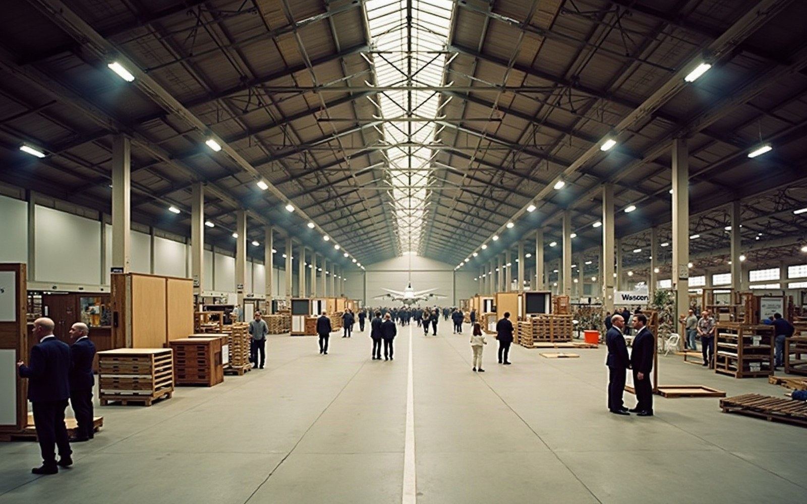 An exhibition hall during build-up: pallets stacked along the aisles and an aircraft parked at the head of the floor.